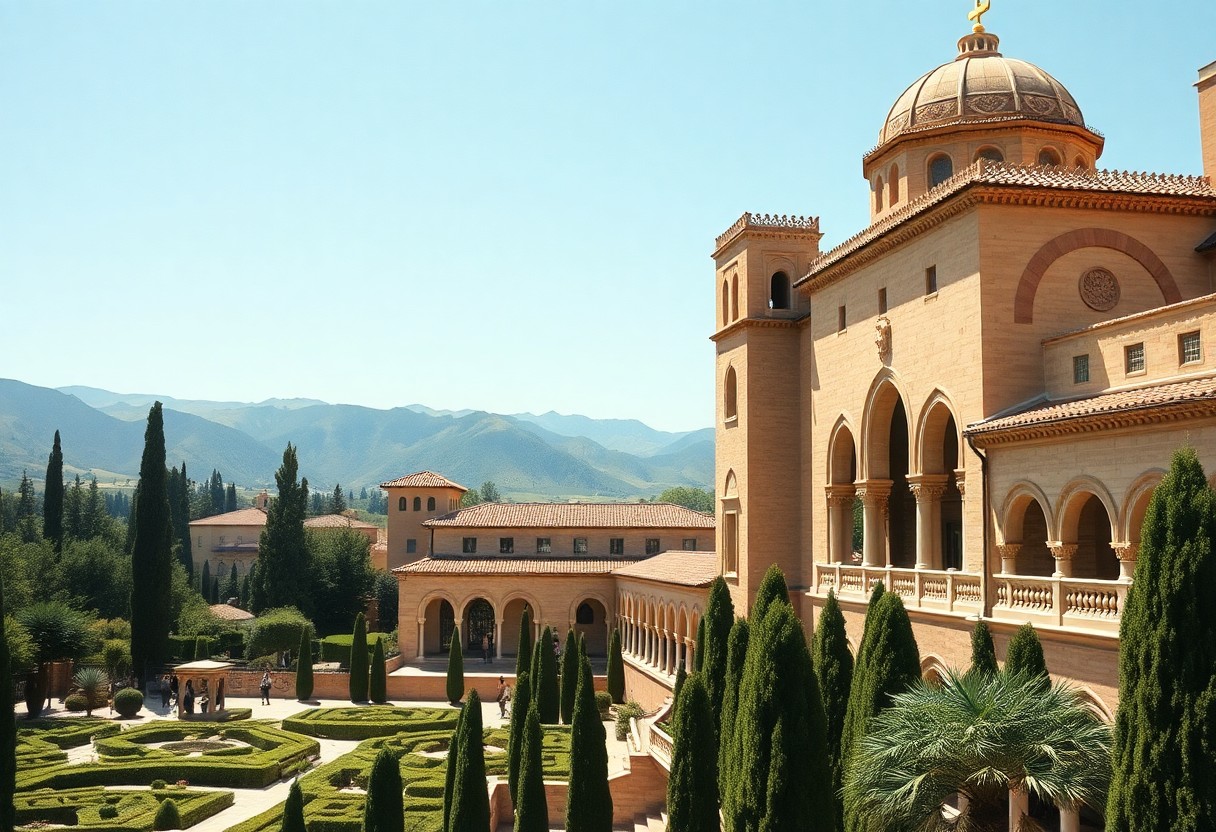 Travel guide for visiting Alhambra in Granada with a view over the garden